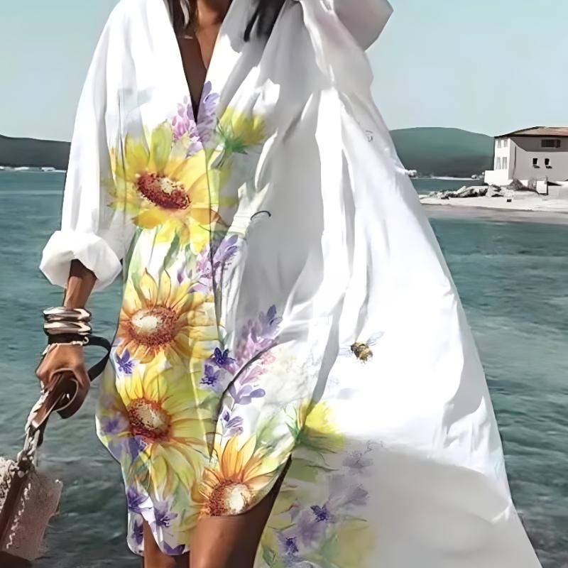 Jarní a letní móda Dámské volné ležérní šaty s dlouhým rukávem Elegantní dámské ležérní bílé šaty s potiskem, klopou a jednořadým zapínáním