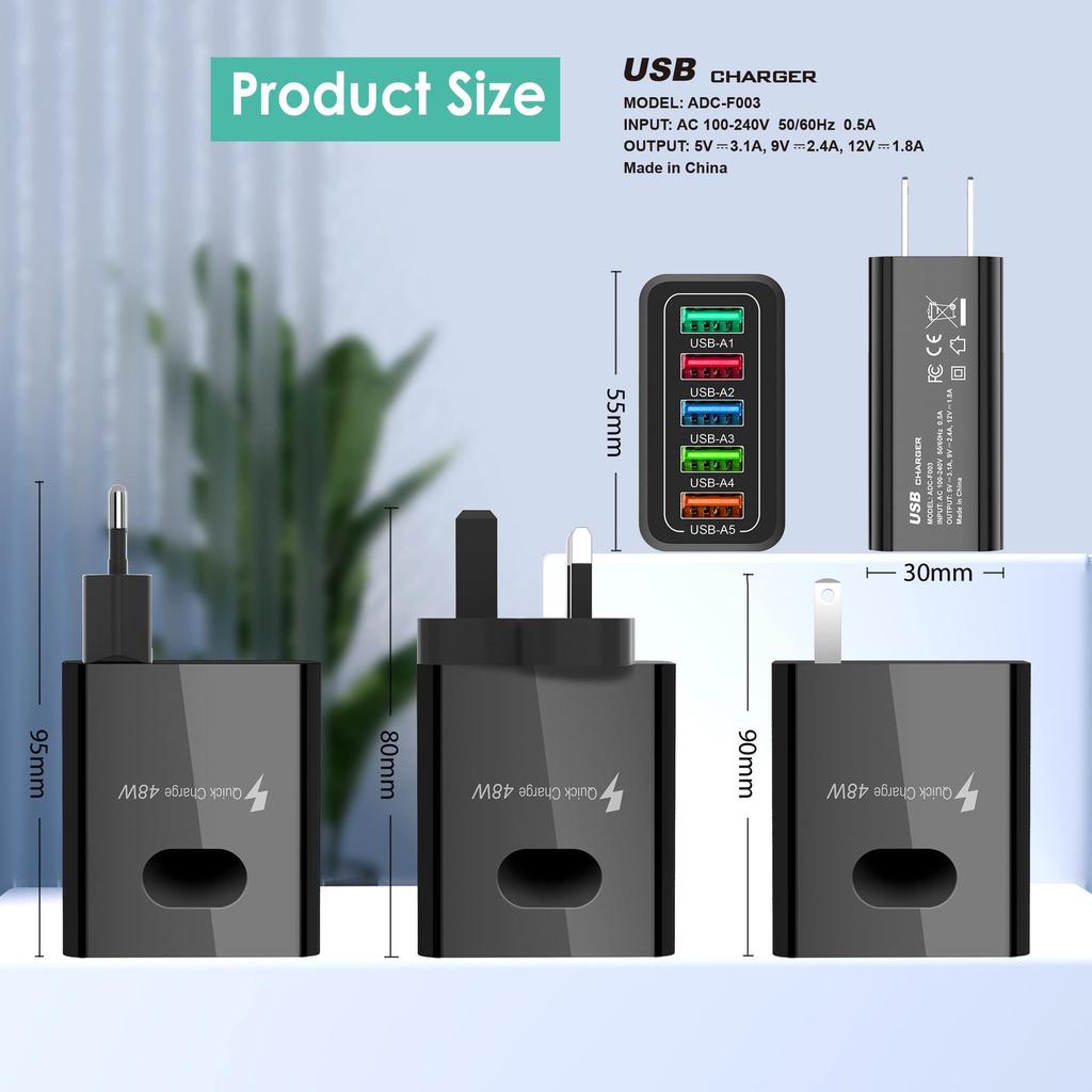 48W Multi-Port USB Mobile Charger with QC3.0 - EU/US/UK Fast Charging Adapter