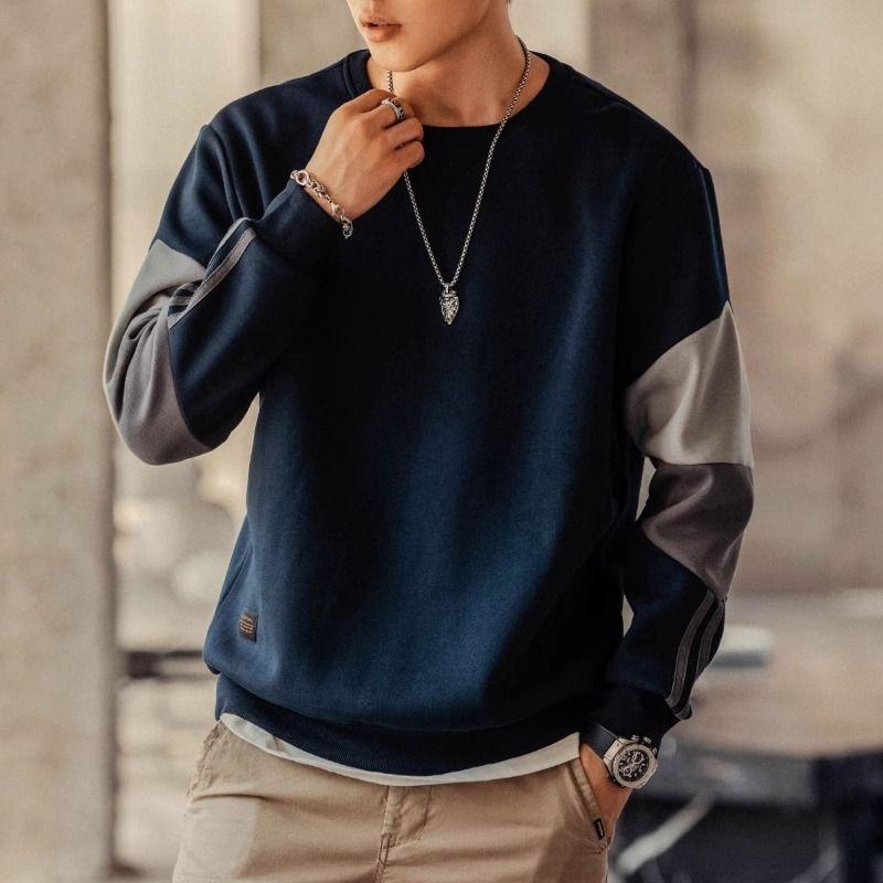 

Мужской пуловер с круглым вырезом, осенний, новый, пэчворк, длинный рукав, американский стиль, шикарный, большого размера, свободный, повседневный, мотоциклетный, байкерский, с панелями, уличный, худи 4XL синий