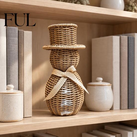Winter Party Table Decorations Faux Rattan Snowman Figurine, Christmas Rustic Farmhouse Statue with Bow, Indoor Shelf Hand-Woven Wicker Decoration for