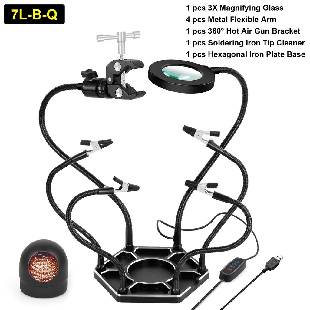 NEWACALOX Soldering Third Hand Tool Hot Air Gun Stand with Welding Tip Cleaning Ball 3X LED Illuminated Magnifier PCB Holder