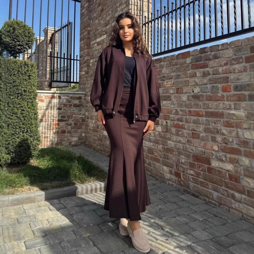 2024 Autumn Casual Solid Color Slim Fit Sweatshirt & Fishtail Skirt Two-Piece Set