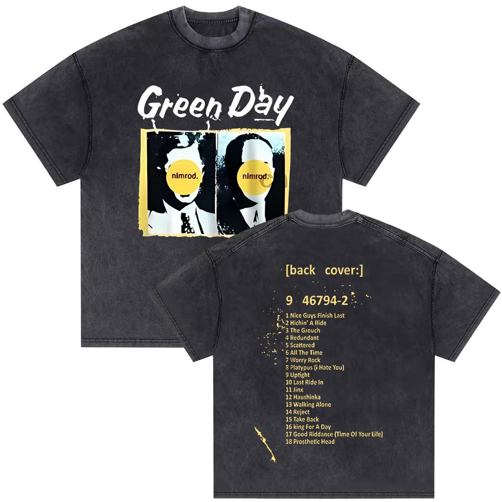 Washed Vintage Punk Band Green Day World Tour T Shirts Men Retro Gothic Rock Tshirt Male Cotton Casual Oversized Tshirts