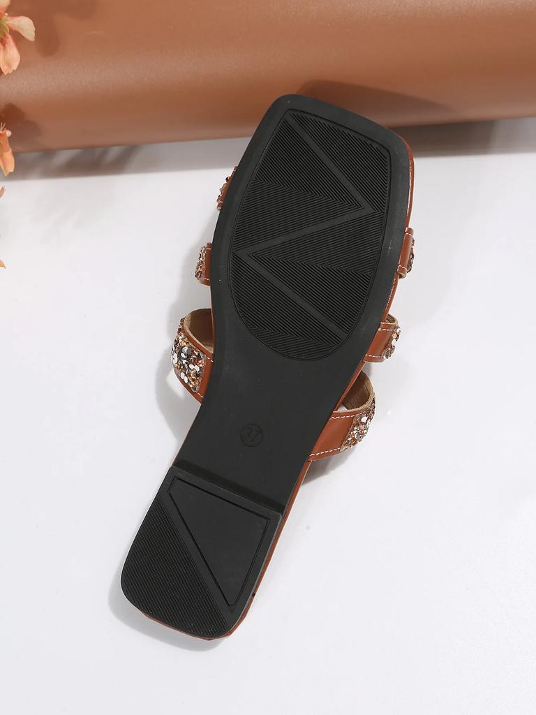 36-43 Schuhe für Damen Sommer Mode Sexy Lässig Bequem Einfarbig Kristall Sandalen Eckige Zehenpartie Flache Slipper Zapatos Mujer