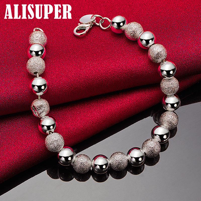 925 Sterling Silver Smooth Matte 8mm Bead Chain Bracelet Jewelry