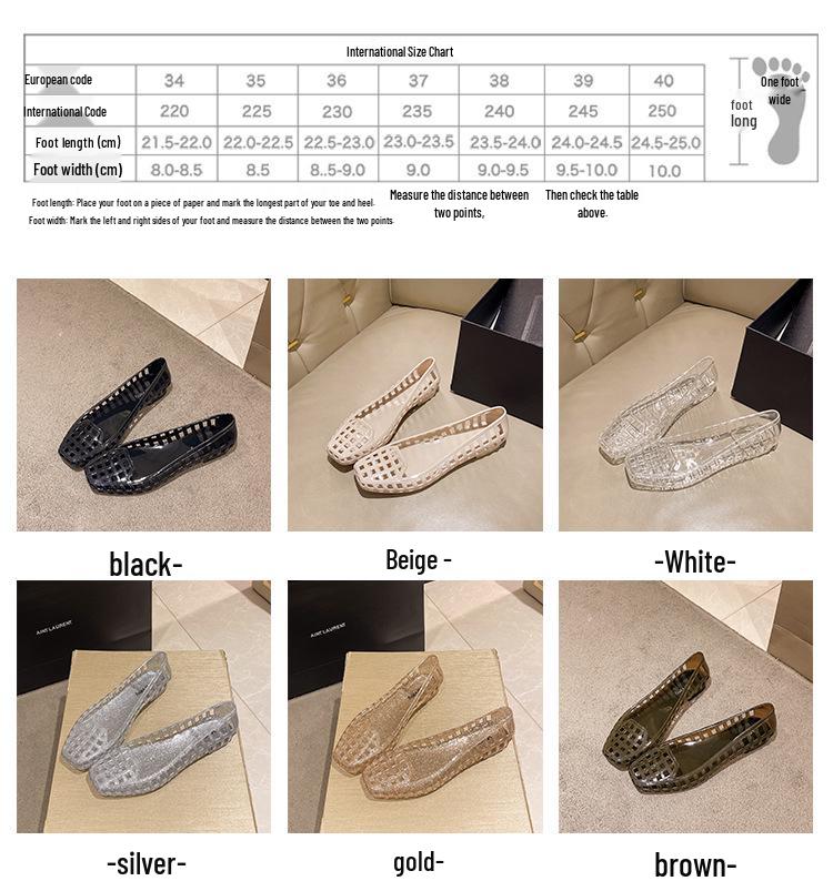 Korean-Style Low-Cut Crystal Flat Sandals & Slip-On Jelly Shoes with Square Toe