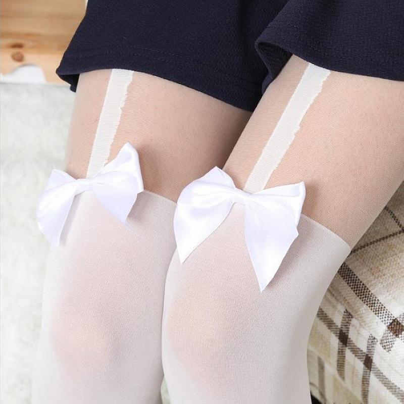 Popular In Japan Girl Women Sexy Velvet Tights Fake High Stocking Pantyhose Mock Bow Suspender High Knee Tattoo Tights