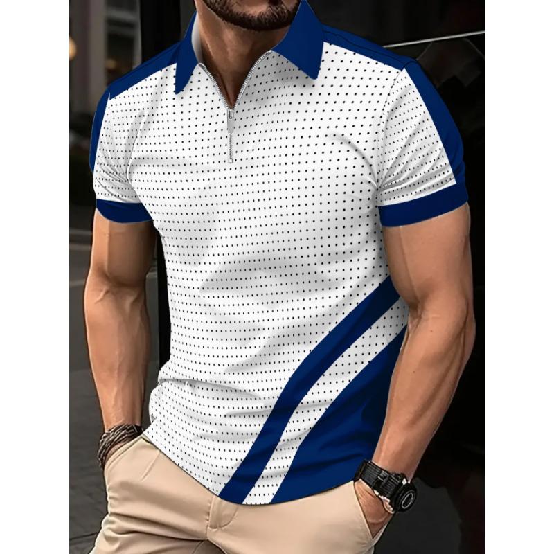 Men s White Blue Dot Print Half Zip Polo Shirt - Casual Short Sleeve Summer Top S белый