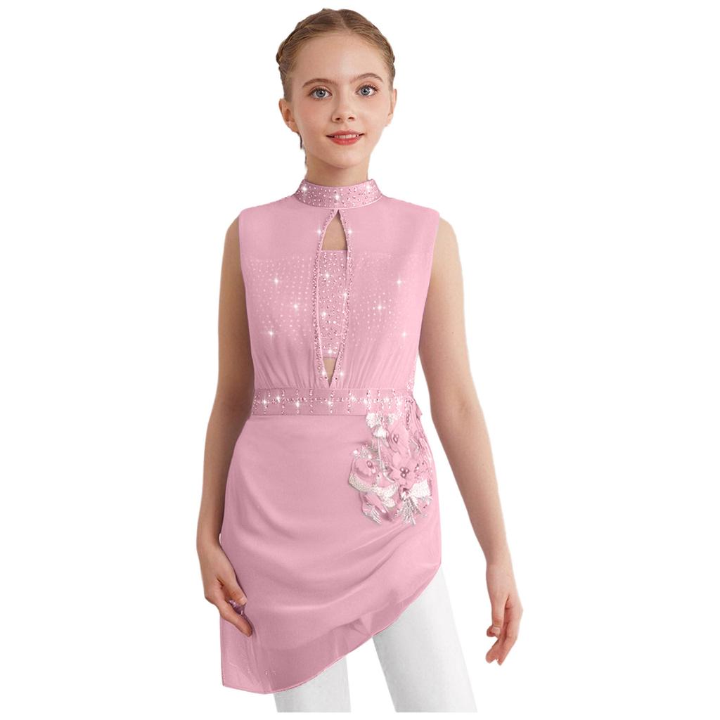 Girls Asymmetrical Skating Dress Sleeveless Backless Cutout Sheer Mesh Overlay Rhinestone Applique Competition Dance Costume
