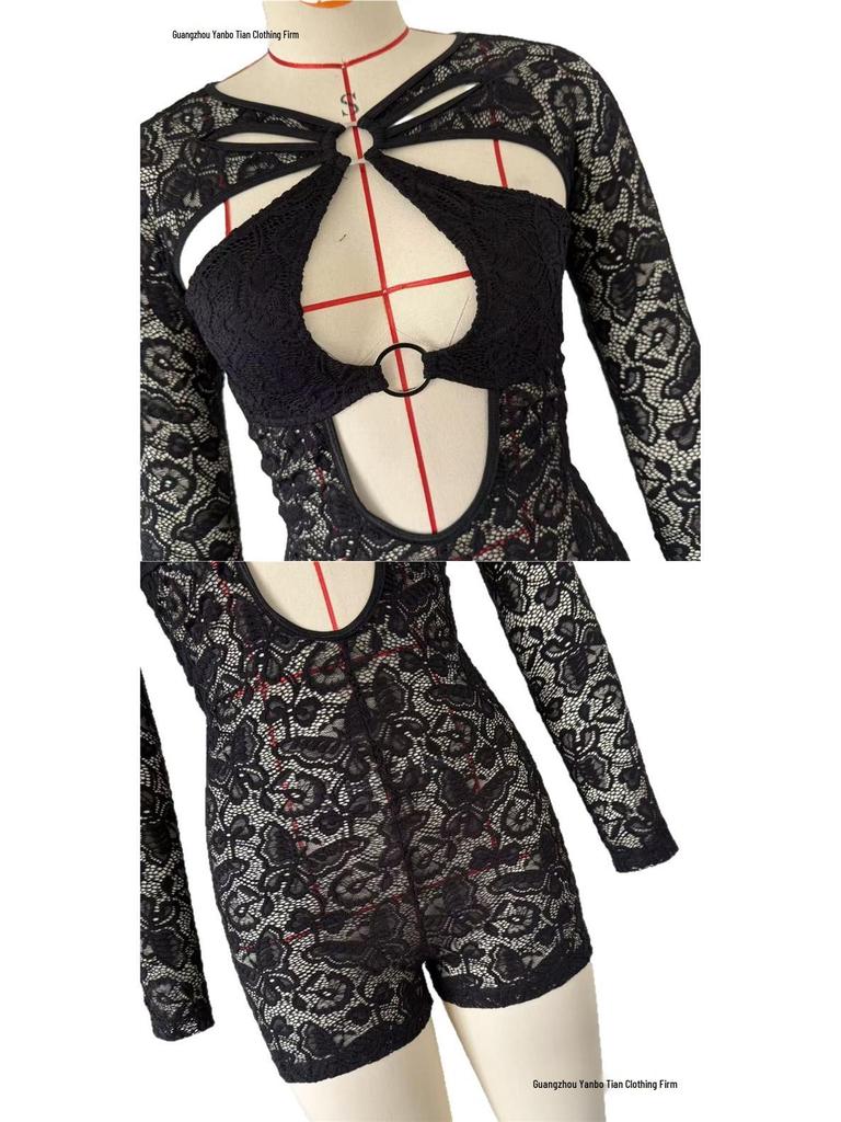 Chic Lace Hollow-Out Slim-Fit Jumpsuit with Long Sleeves