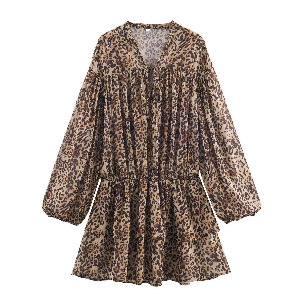 Women’s European & American Style Animal Print Layered Long Sleeve Dress (2025 Collection) S как