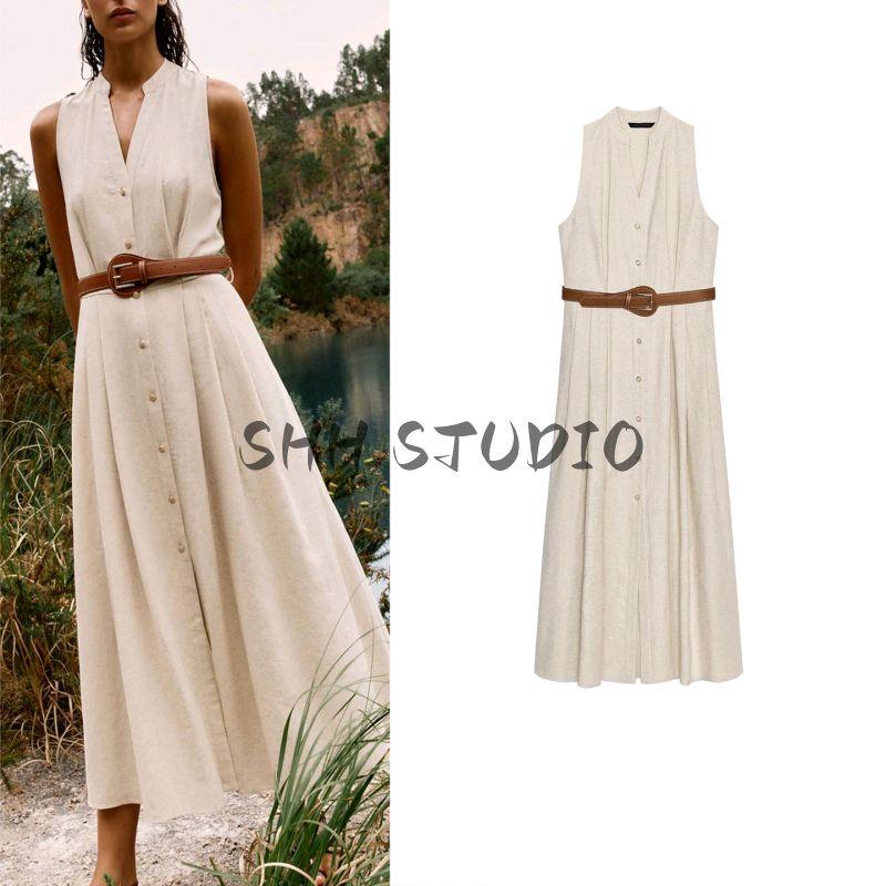 Summer New Arrival Elegance Sleeveless V-neck Dress Linen Blend with Belt Midi Skirt Dress 8137775
