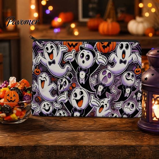 Thick Canvas Bag Halloween Storage Bag, with Colorful Cartoon Ghost Print, Durable Portable Makeup Zipper Large Capacity Lightweight Travel Toiletry