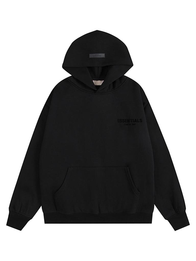 2025 Men's FOG Essentials Black Hooded Sweatshirt with Silicone Lettering and Double Stitching