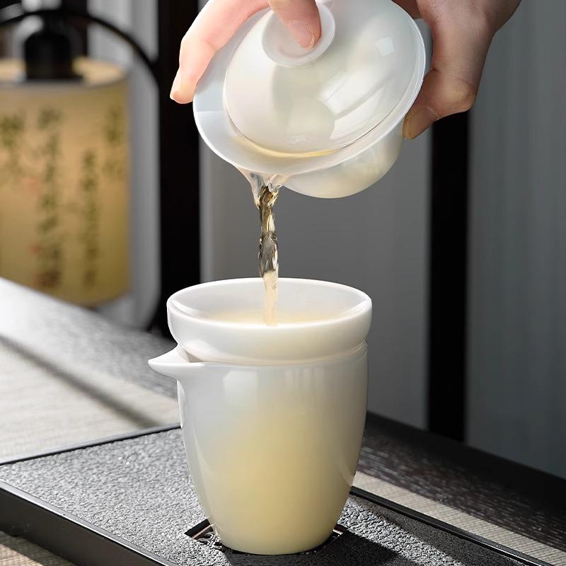 Suet jadecover bowl three talentsare not hot, hover white porcelain tea bowl householdhigh-end tea cup kung fu tea set tea maker