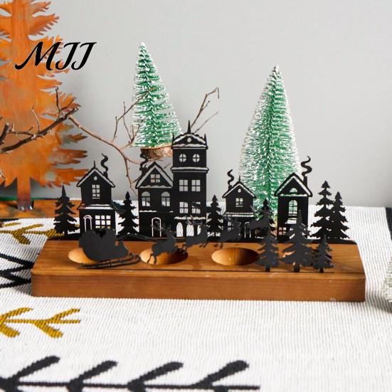 Farmhouse Candle Stand Christmas Town Silhouette Holder, Wooden Tea Light for Holiday Tabletop Decor Decoration, Metal Festive Fireplace and Home