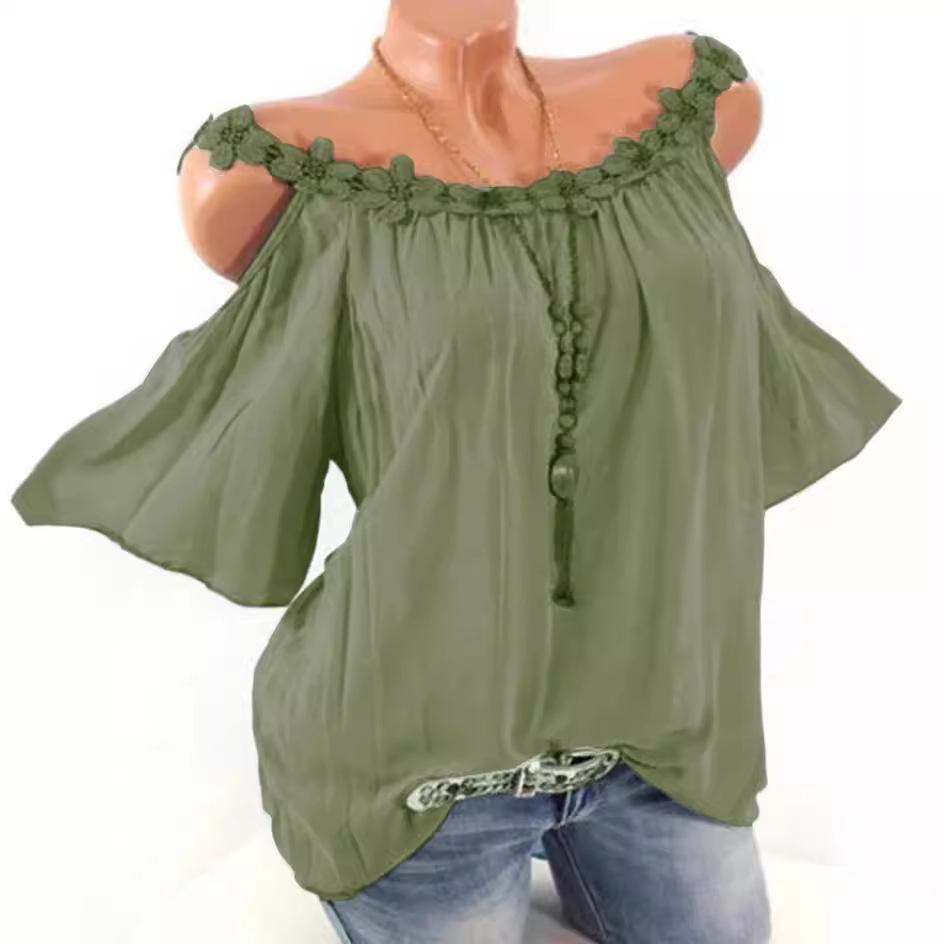 Letní Sexy Dámská Halenka Bez Ramínek Květiny Volná Krátký Rukáv Dámská Elegantní Ležérní Kulatý Výstřih Volné Bílé Topy