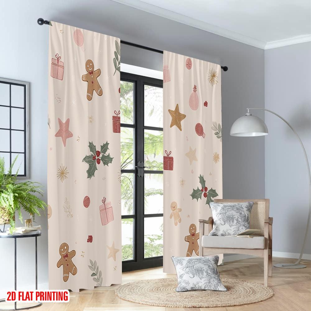 Set Of 2 Flat Printing Fashionable Christmas Curtains Holiday Stars Gingerbread Digital Printed Polyester Drapes Party Curtain Made
