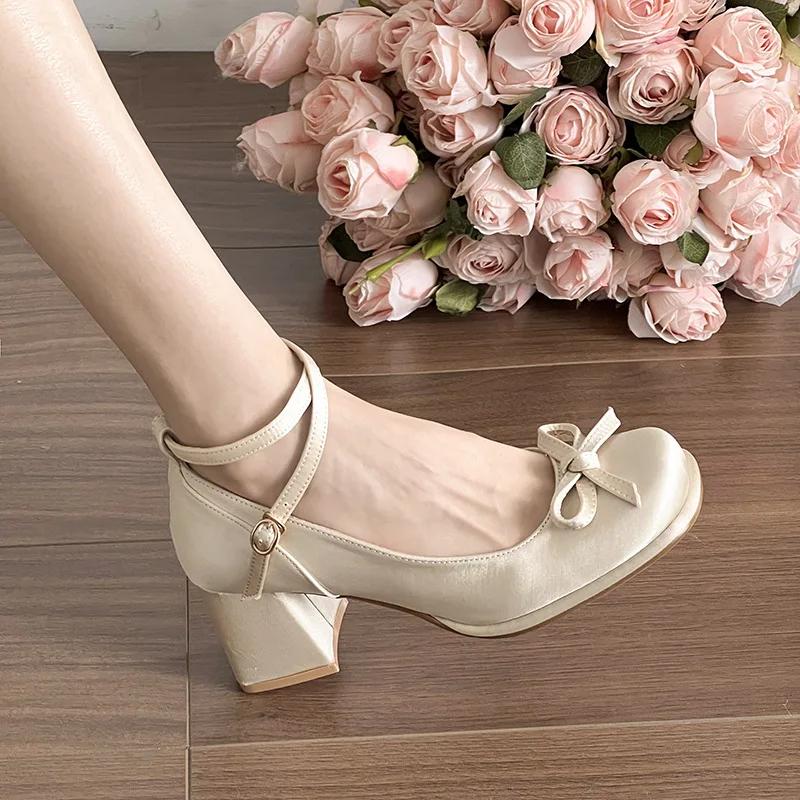 Fashion Women Fashion Platform Pumps Spring High Heels Buckle Strap Mary Jane Shoes Woman Elegant Bows Thick Heeled Party Single Shoes