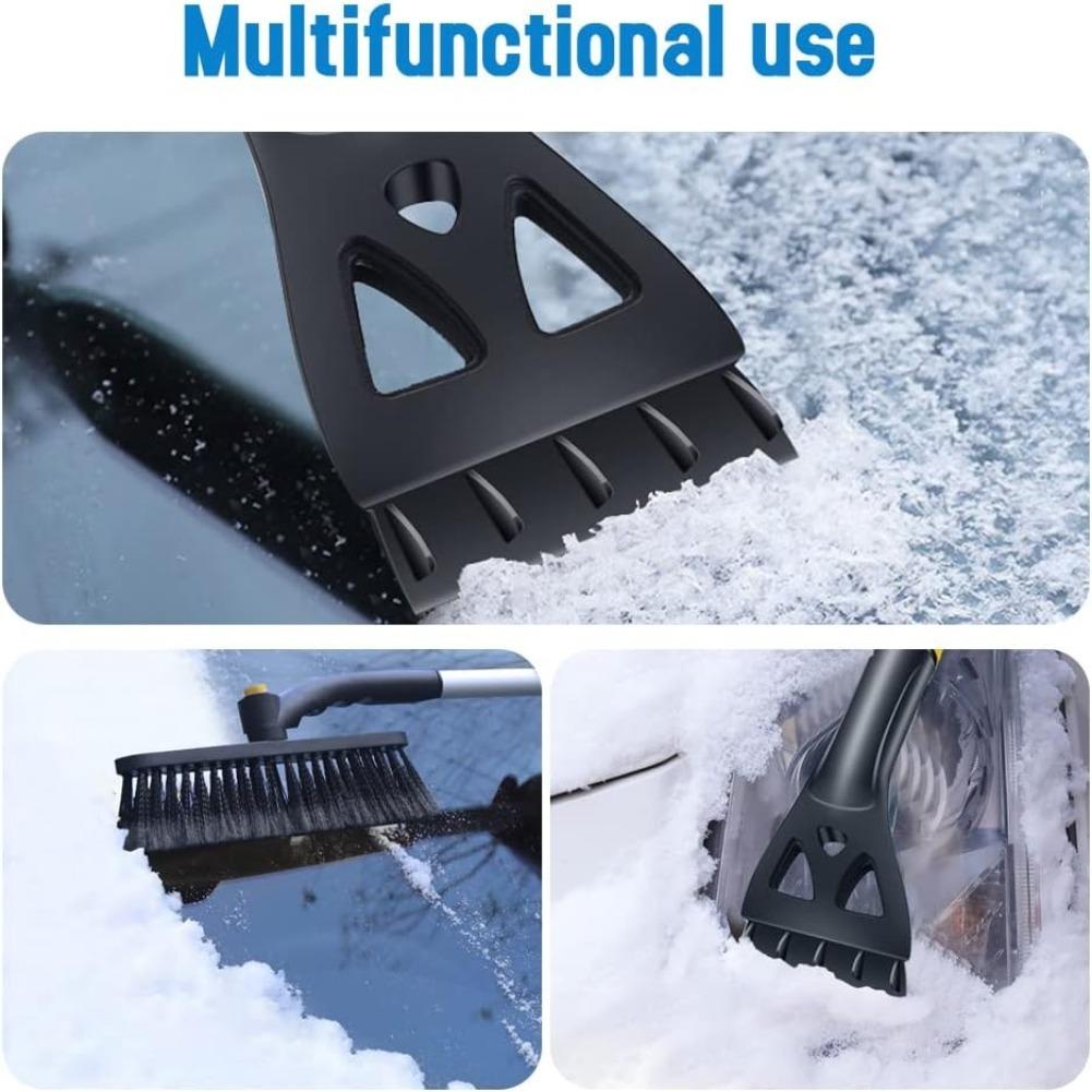 Skrobaczka do szyb samochodowych z miotłą, 2 w 1 skrobaczka do szyb samochodowych i szczotka do śniegu, głowica szczotki 360°, antypoślizgowa rączka z pianki, do samochodów osobowych, ciężarowych, SUV-ów, szyb przednich