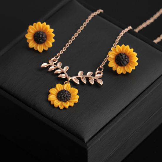 Ensemble de bijoux pour femmes, joli pendentif feuilles de tournesol, clous d'oreilles, boucles d'oreilles, collier, cadeau