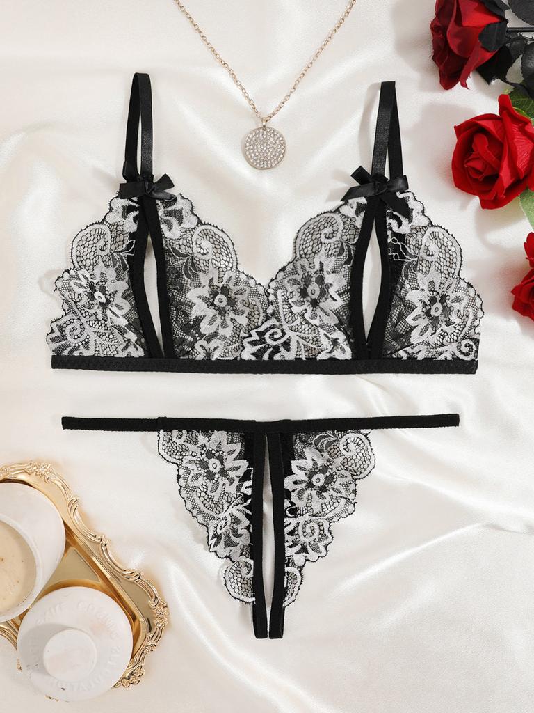 Women Floral Sexy Lingerie Set, Open Chest Bra And Crotchless Thong Sets, See Through Erotic Clothing, Valentine's Day Gift