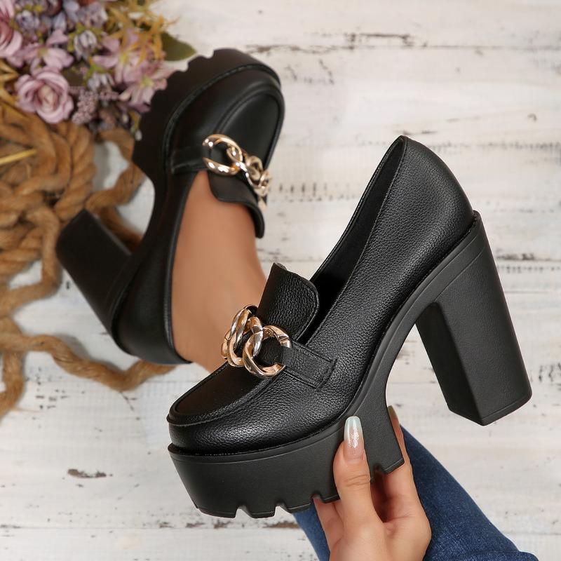 Nuovo Arrivo Autunno Scarpe Décolleté Donna con Tacco Alto Chunky e Catena Metallica, Taglie Forti Scarpe Eleganti Professionali