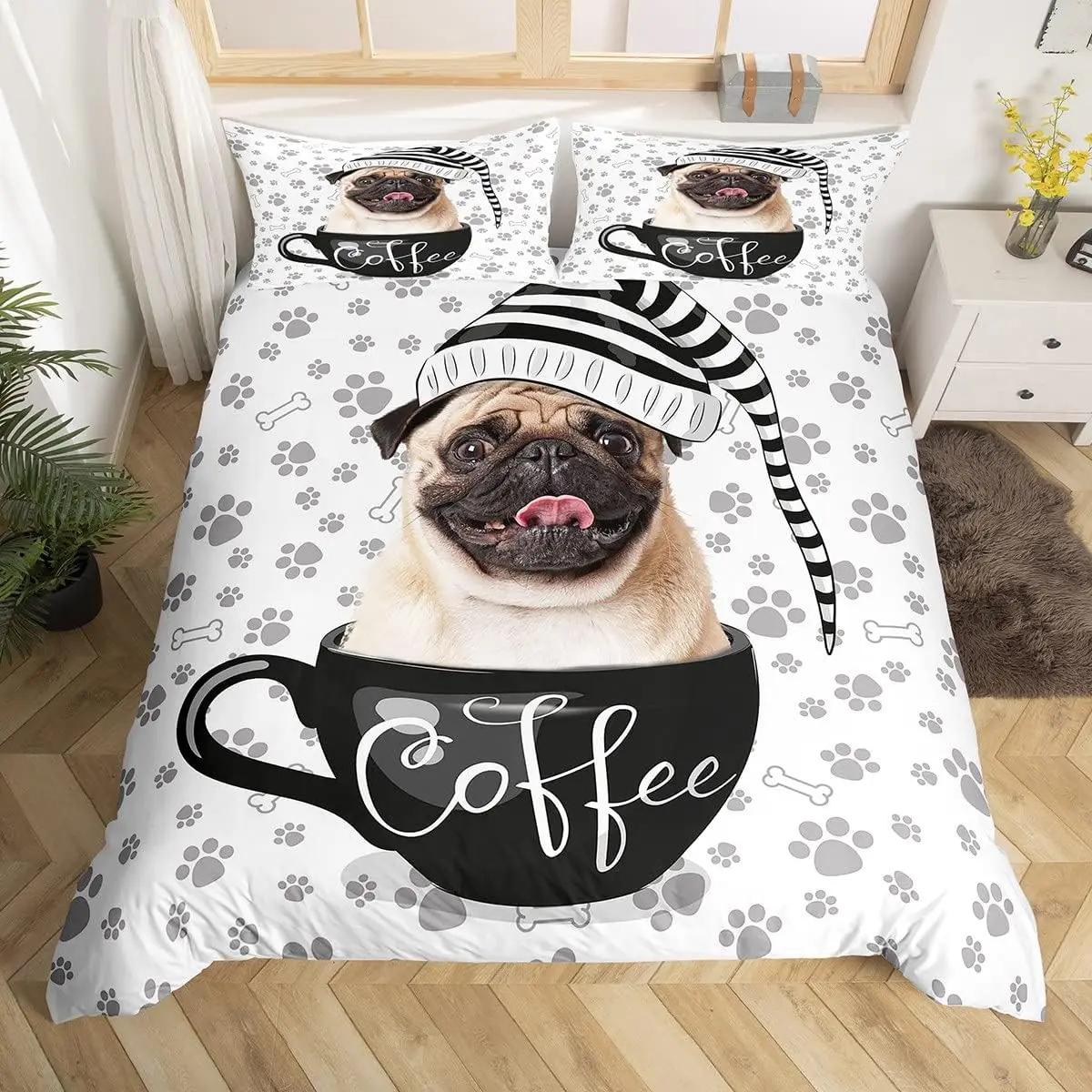

Lovely Pet Dog Soft Duvet Cover Twin Quen Lovely Pug Dog Beding Set 3D Animal Theme Warm Comforter Cover for Young Boys Young Girls Rom Decor 2/3pcs 100*200cm Single