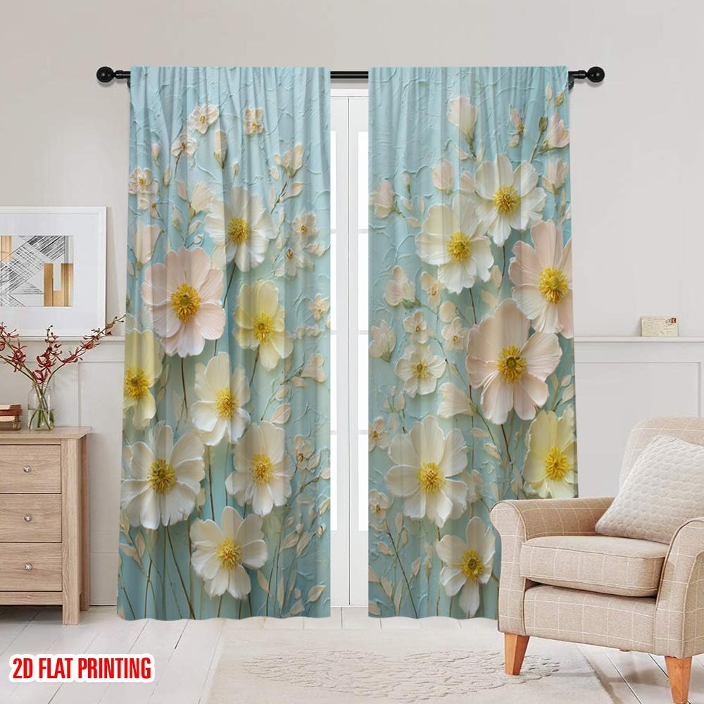 2pcs 2D Flat Printing Scene Curtains White Flowers Bloom Softly Digital Printed Polyester Drapes Festive Curtains Use for Booths