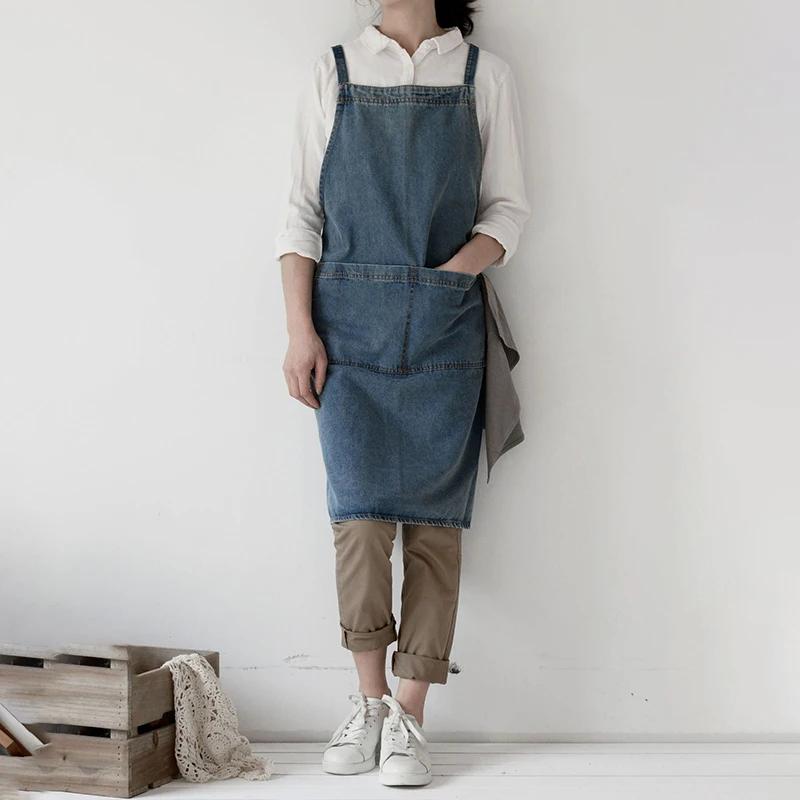 Denim Apron Cotton Korean Canvas Antifouling Home Cleaning Kitchen Cooking Work Clothes Barber Apron Leisure Gardening Baking