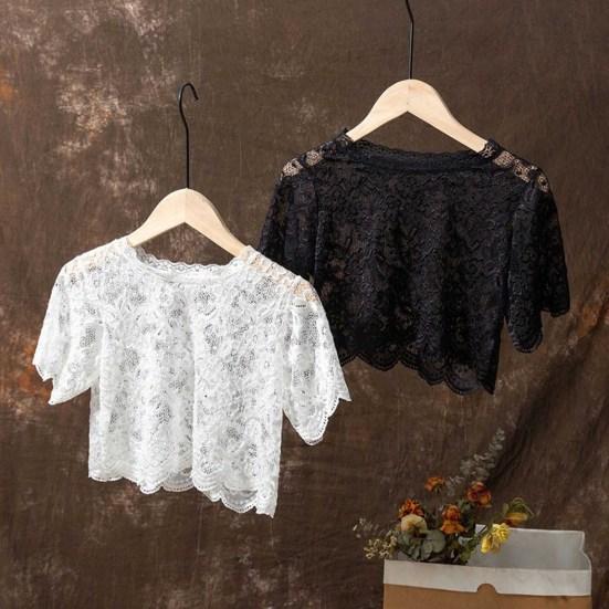 Falscher Kragen Spitze Einfarbig Durchsichtig Blumenstickerei Kurze Ärmel Unterteil Rundhals Schnelltrocknend Damen Basic Top Damenkleidung