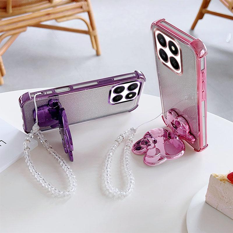 Luxury Shockproof Phone Case with Cute Rabbit Makeup Swivel Stand Crystal Lanyard For Honor X7d X7c X7b X7a X7 Back Cover