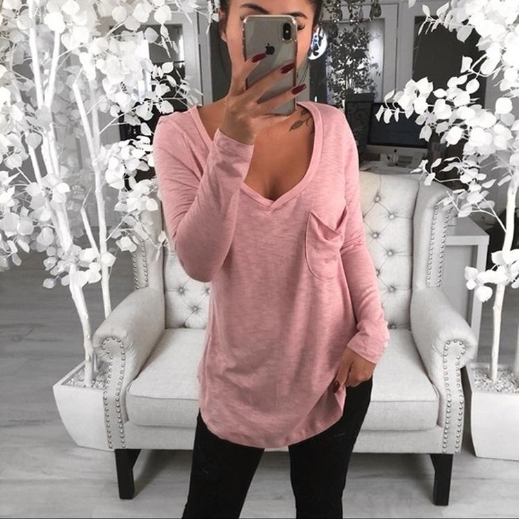 QICED Women's Fashion Casual Solid Color Print Long Sleeve V-Neck Blouses & Shirts