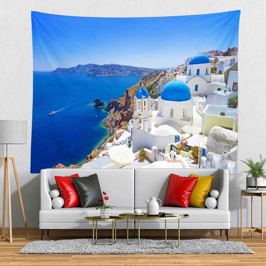 VIKAMA Santorini Blau Weißes Stadtbild Wandteppich Griechische Ägäis Landschaft Wandbehang für Wohnzimmer Schlafzimmer Ferienhaus Dekor