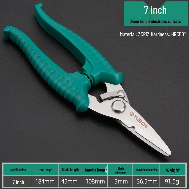 7-inch Multi-Function Shears: Electrician’s Scissors, Tin Snips, Ceiling Shears, and Pruning Shears.