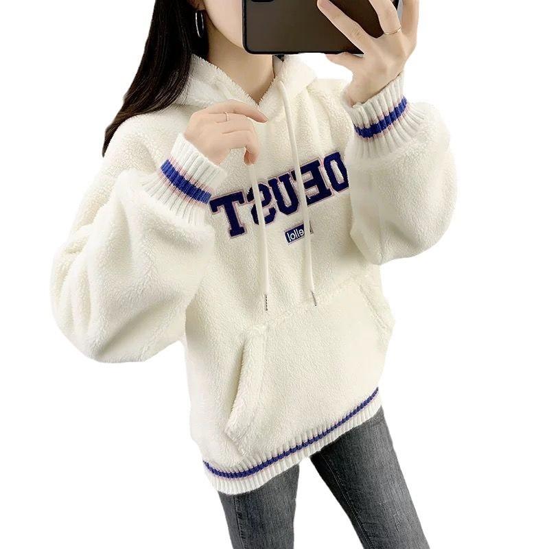 Χειμωνιάτικο Ολοκληρωμένο Βελούδινο Φούτερ με Κουκούλα Κεντημένο με Γράμματα για Γυναίκες Νέο Κορεατικό Στυλ Ζακέτα Με Επένδυση Βελούδου Παχύ Χαλαρό Τοπ