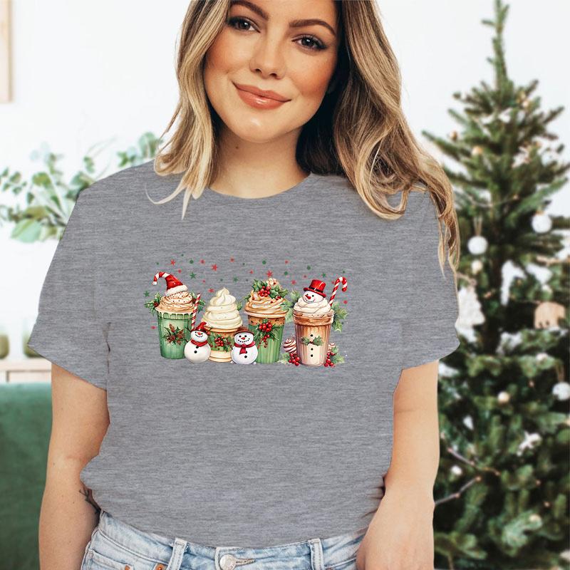 Snowman Coffee Christmas Women T Shirt Tops Tee Red Tshirt Female Summer Tshirt Christmas Graphic Tee Female Cute Tops Tee