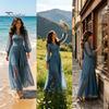 Versatile Women Dress Faux Denim Maxi Dress, Mesh Patchwork Long Sleeve Button Party Casual Down Shirt Loose Vintage Summer Simple Style