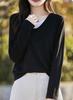 Women's V-Neck Color Block Layered Knit Sweater - Long Sleeve, Lightweight