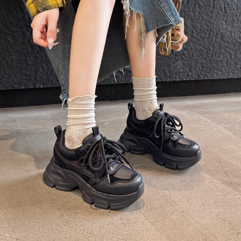 Sneakers Women's 2026 Autumn New Platform Casual Shoes Inner Height-increasing Shoes Versatile Rhinestone Dad Shoes