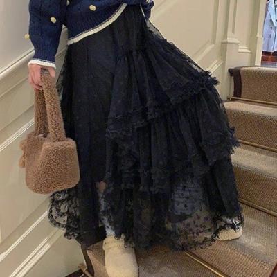 Women Cake Skirt Elastic High Waist Splicing Asymmetric Jacquard Tulle Skirt