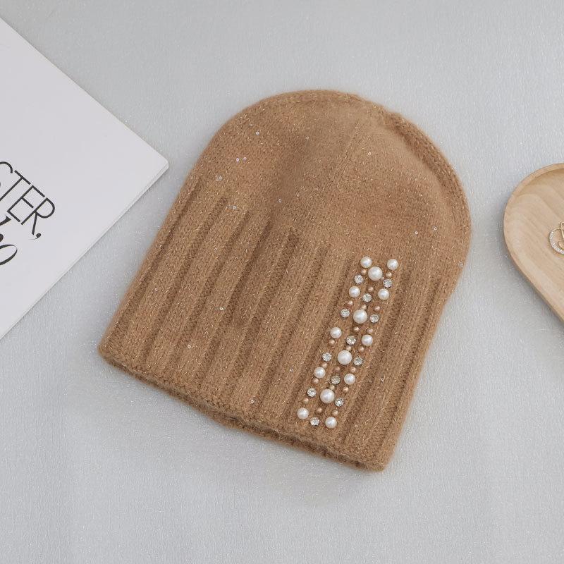 Rabbit Fur Pullover Knitted Hat Women Autumn and Winter Warm Wool Hat Fashion Pearl Headgear Outdoor