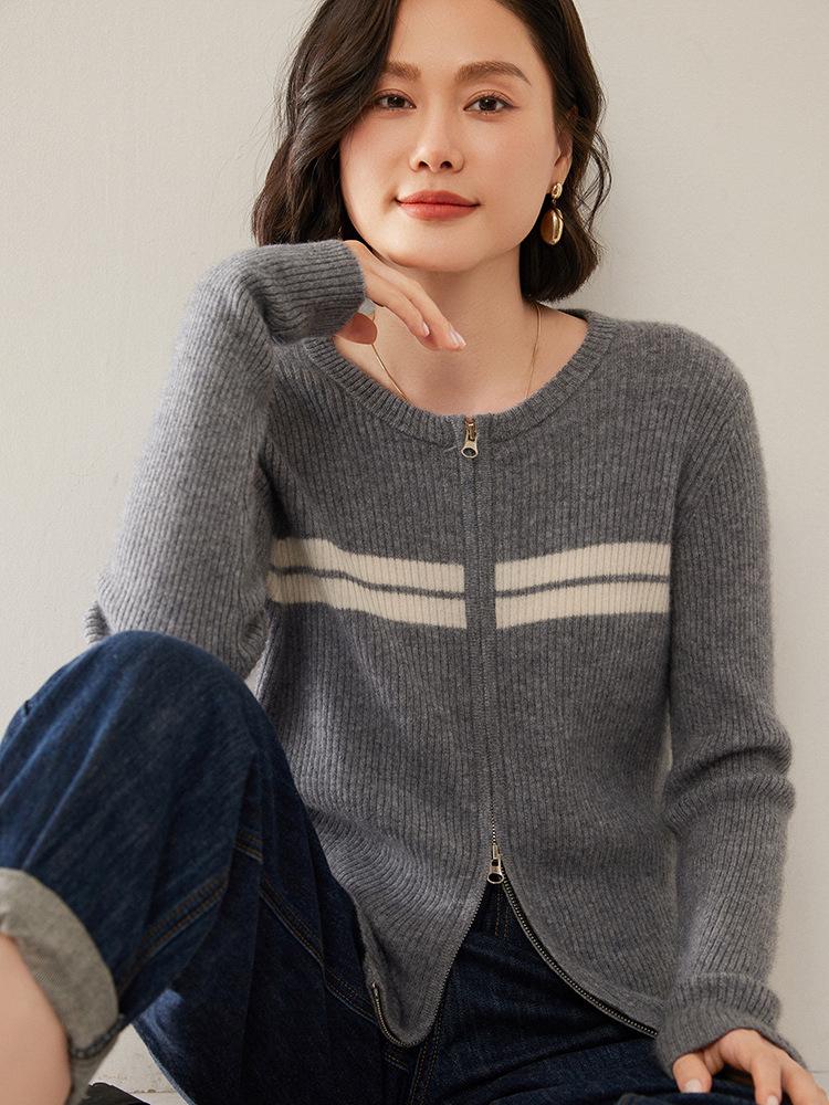 Color-Block Patchwork Cashmere Cardigan - Women's Autumn/Winter 2025 Ribbed Long Sleeve Knit Top