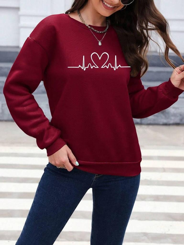 Women's Heart Print Long Sleeve Loose Pullover Sweatshirt