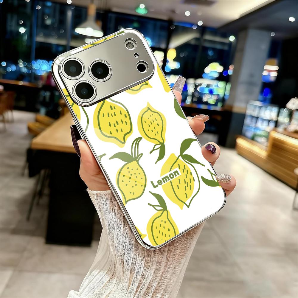 

Ins Fruit Fashion Phone Case For iPhone 17 16 15 14 13 12 Pro Max Plus Electroplated Metal Shockproof Bumper Case Glass Back iPhone Air