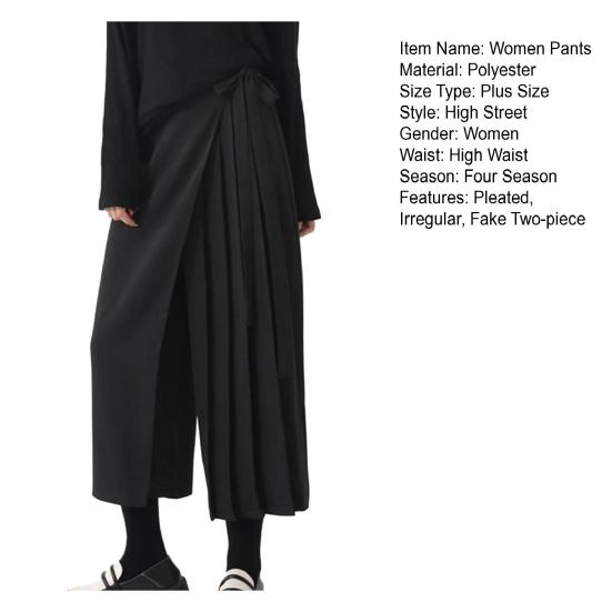 Pantaloni da donna stile scuro nero tinta unita plissettati finti due pezzi irregolari high street larghi gamba larga casual individuali lunghezza a metà polpaccio pantaloni culottes