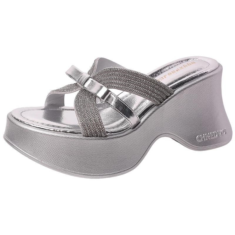 French Thick-bottomed Cool Slippers Women's Summer Outer Wear Advanced Sense 2025 Popular New Summer Beautiful Rhinestone Wedge Slippers