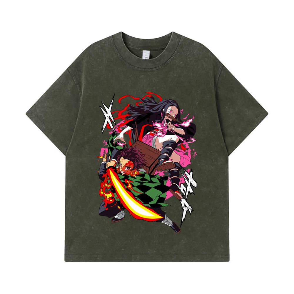 

275 GSM Washed T-shirts 100% Cotton Demon Slayer V3 Tanjiro Nezuko Print Unisex Heavy Cotton T Shirt S армия зеленый