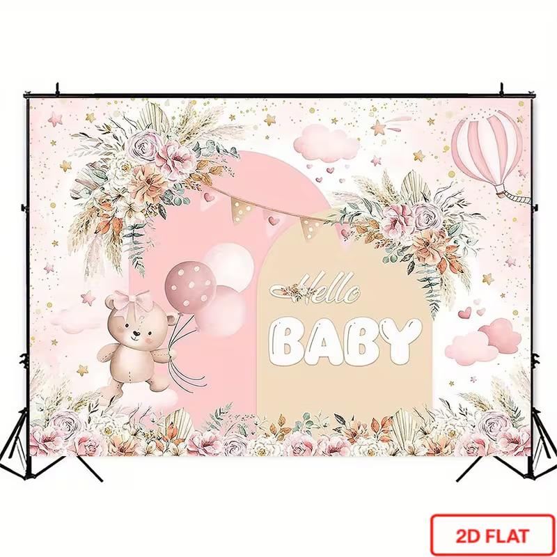 2D Hello Baby Photography Background, Soft Pink Cloud Star Floral Teddy Bear Baby Shower Decor Banner for Girls