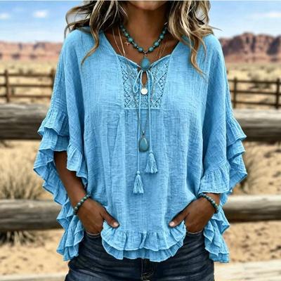 Dame Ensfarvet Boho Top V-hals Blonder Hæklet Bindes foran Flæseærmer T-shirt Bluse Top